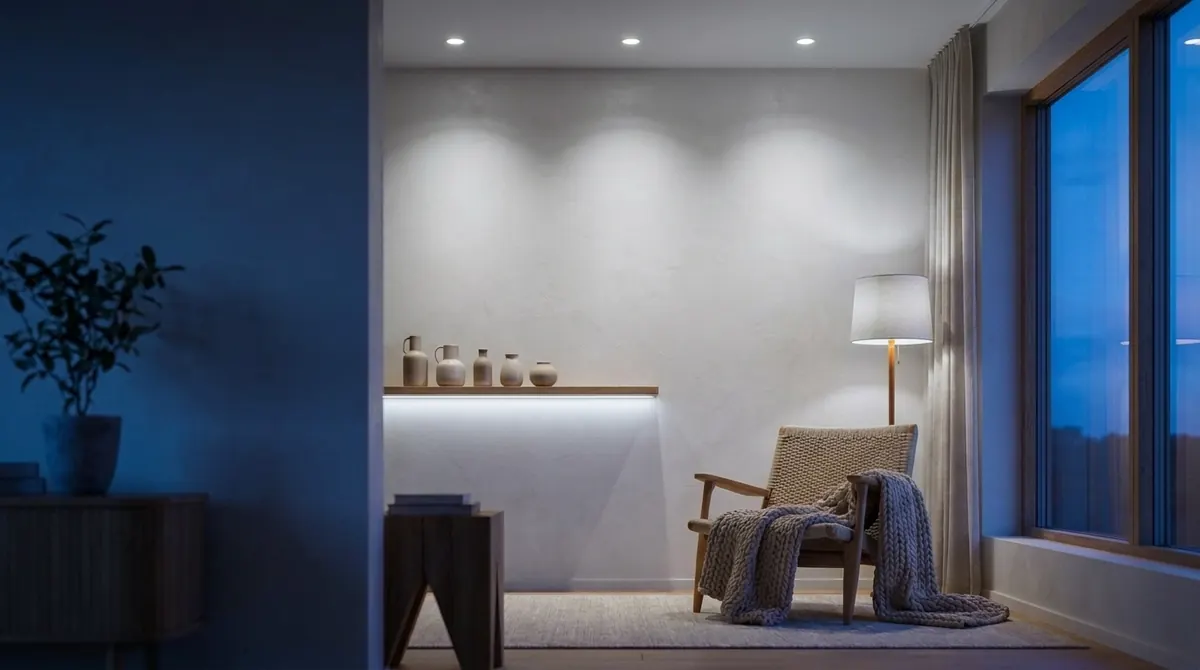 The same living room lit in cool white