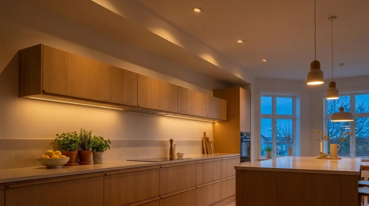 Kitchen at dusk with warm pendant lights