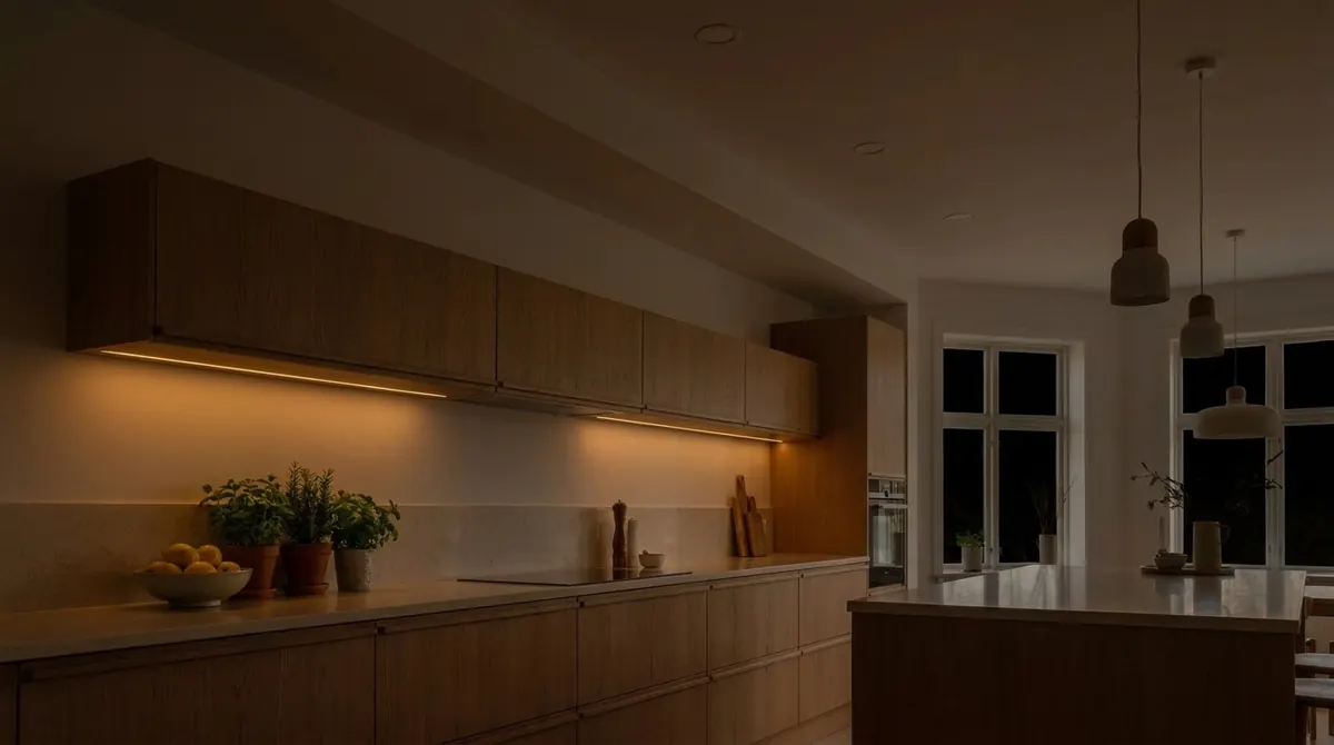 Kitchen at night lit only by the LED strip