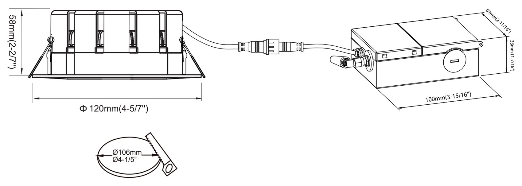 HiluX DS4 US dimensional drawing: Ø4.724″ face, 2.323″ depth, Ø3.780–4.173″ cut-out, with smart driver junction box