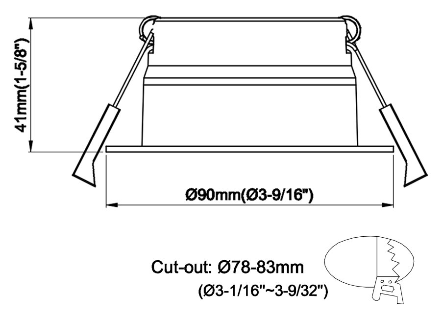 HiluX DS8 US dimensional drawing: Ø3.543″ face, 1.614″ depth, Ø3.071–3.268″ cut-out