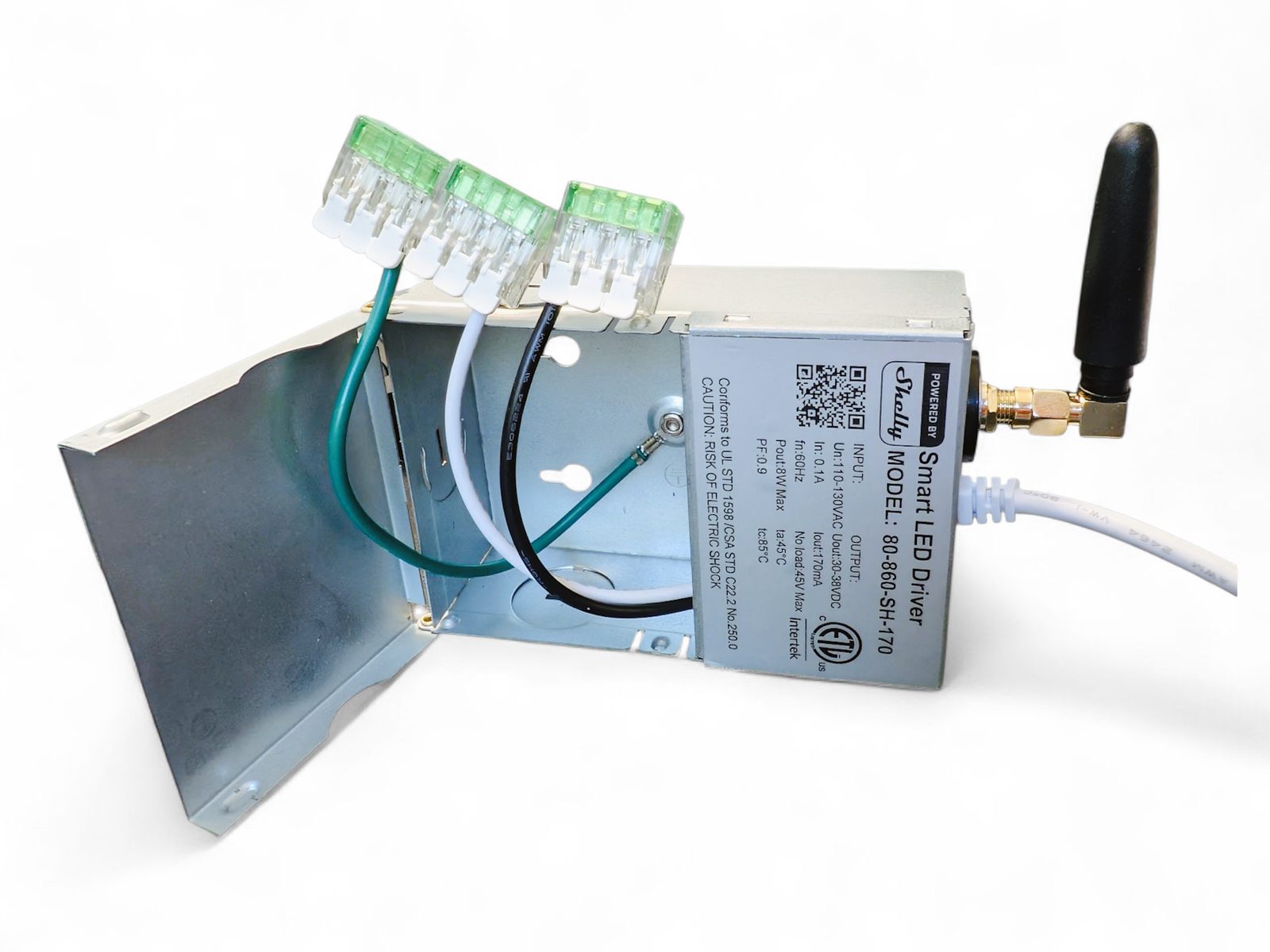Shelly Smart LED Driver 80-860-SH-170 with ETL mark and Wago lever connectors in the steel junction box