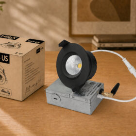 HiluX DS8 US recessed downlight in black shown with its retail box, Powered by Shelly