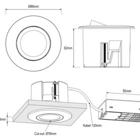HiluX D10 technical drawing: Ø88 mm, installation depth 62 mm, cut-out Ø76 mm, max ceiling thickness 33 mm, junction box 85 × 55 × 26 mm, cable 120 mm