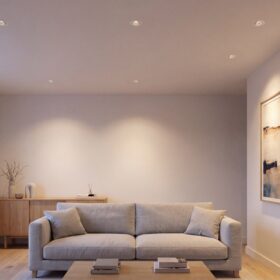 HiluX D3 Tilt360 white recessed spotlights in a living room ceiling, one angled to accent a painting on the wall